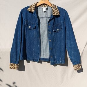 Coldwater Creek Blue Jean Jacket with Leopard Trim